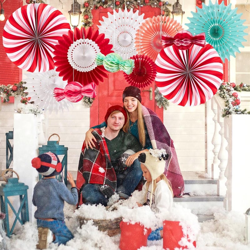 paper jazz 12pcs Candy Paper Fans Christmas Decoration,Candy Honeycomb Christmas Decorations,White and Red Xmas Decoration Wall/Ceiling for Classroom,Bulletin Board,Winterwonderland,Office Decor. - Image 4